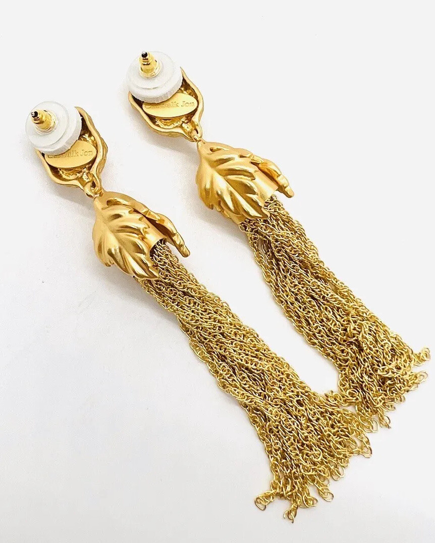 Long Catwalk Jon Amber Poured Resin & Rhinestone Chain Tassel Earrings Posts New