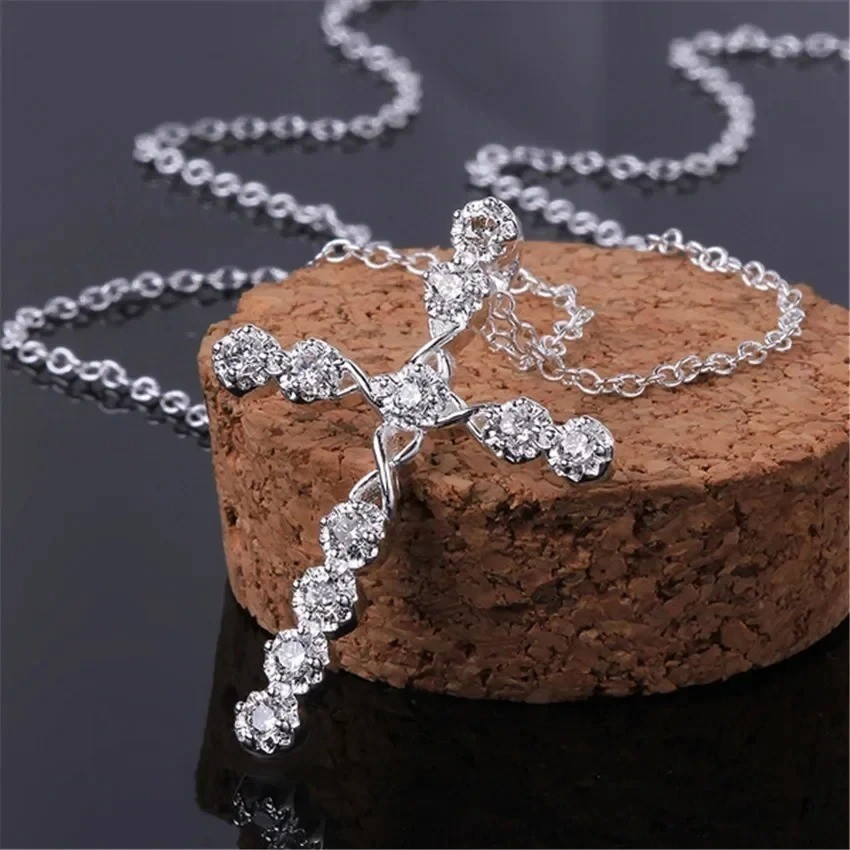 Womens 925 Sterling Solid Silver charm Cross Pendant Necklace 18” Link Chain