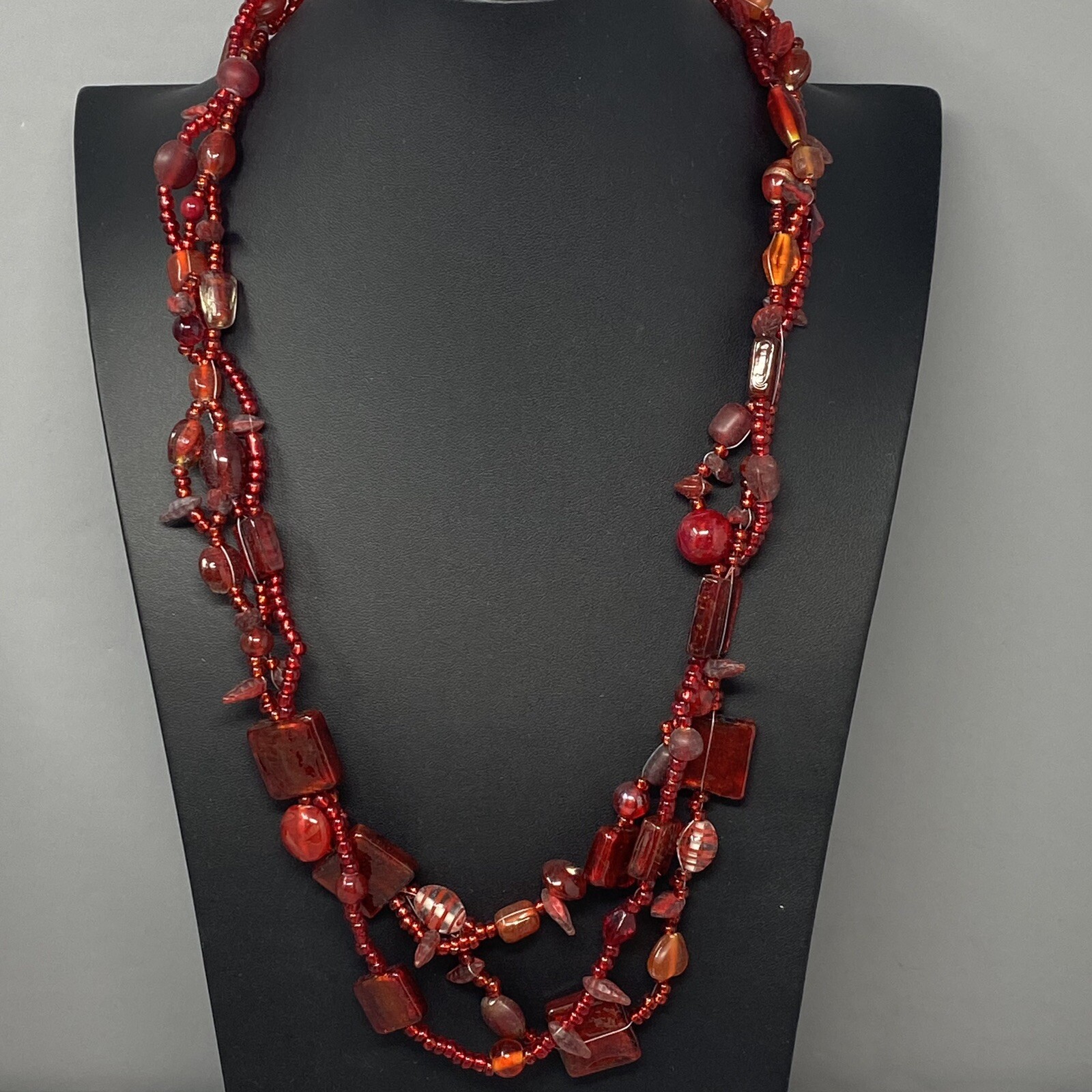 VTG Boho Glass Necklace Red Burgundy Glass Beads Czech Dichroic Frost Molded 24″