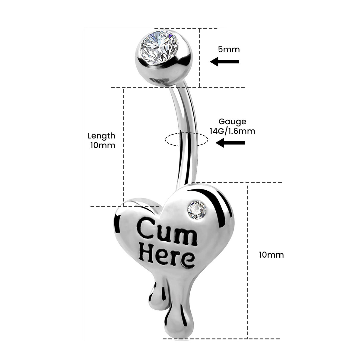 14g Belly Button Rings Heart Shap Barbell Navel Ring Cum Here CZ Navel Piercings