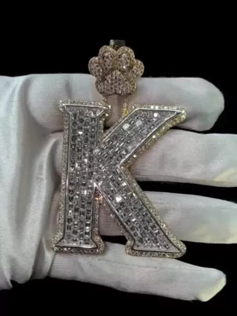 4Ct Baguette Cut Real Moissanite Custom Letter K Pendant 925 Sterling Silver