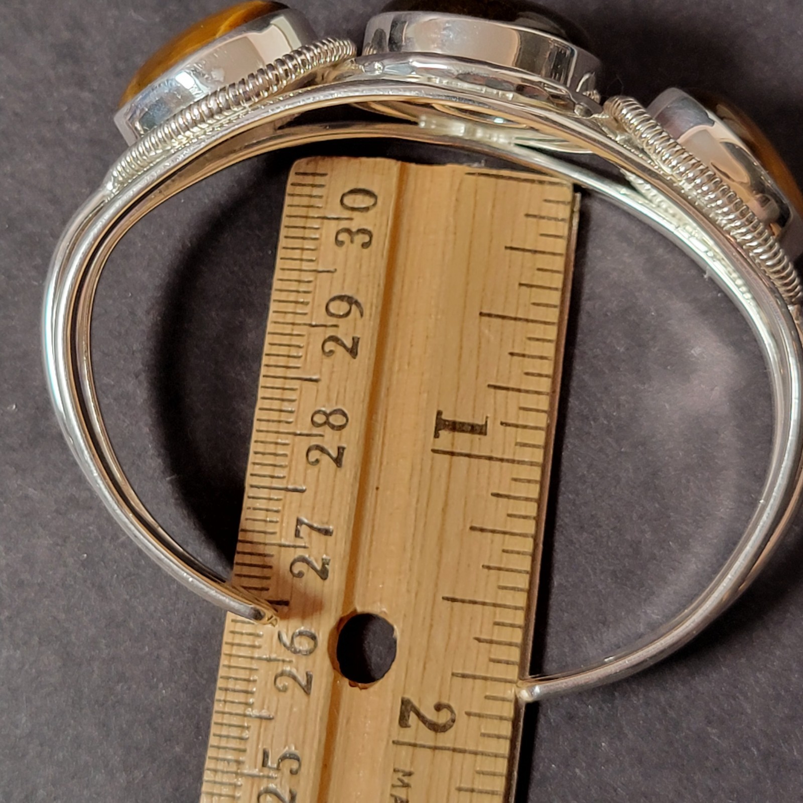925 Silver Bracelet with 3 Tigers Eye Stones marked India 925 Nice Excellent Con