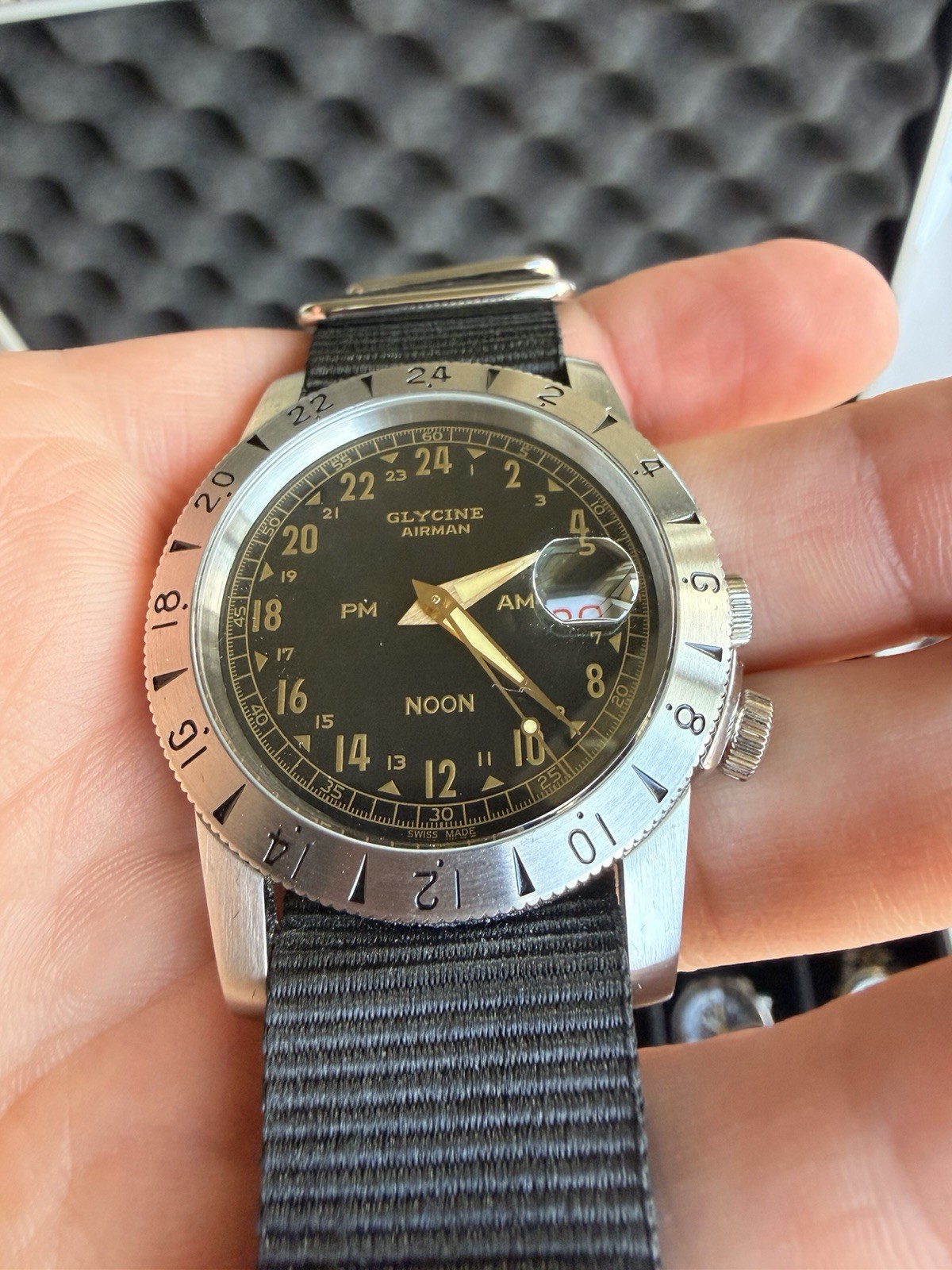 Glycine Airman Automatic 42mm Black 24-Hour Dial Date Nylon Strap Box Papers