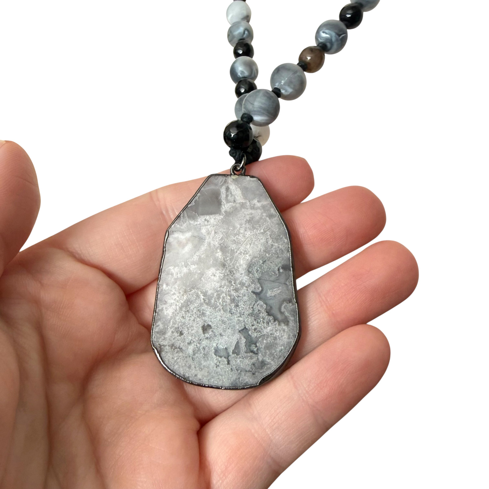 J Jill Beaded Necklace Agate Stone Pendant Gray White Black Cord Adjustable NWT