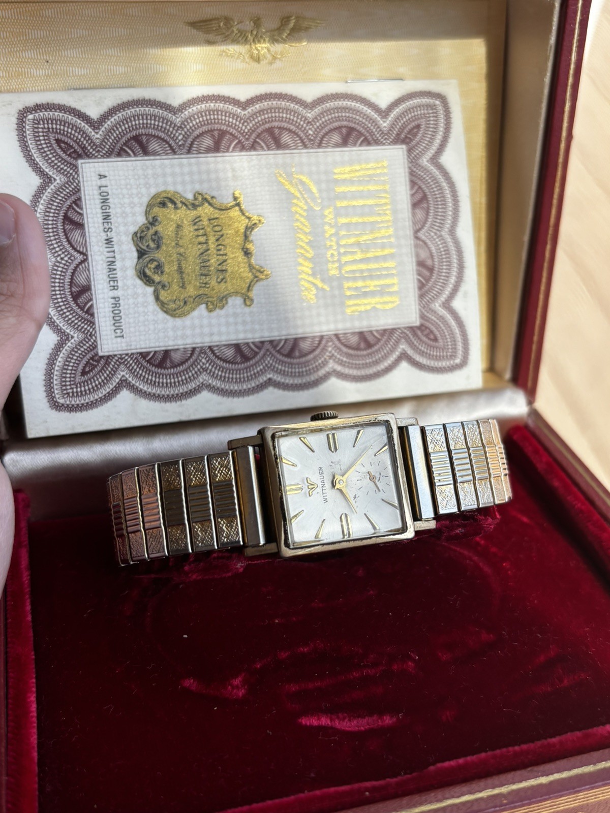 Vintage 1960s Wittnauer Tank Square 10K RGP Art Deco Watch w/Box Documentation