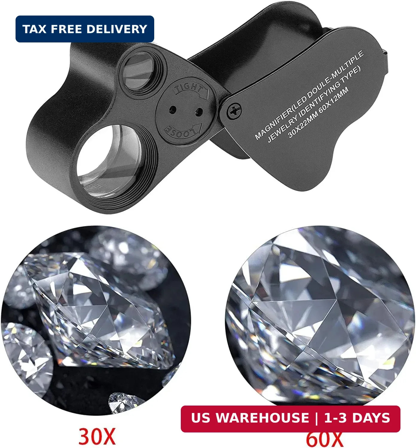 HMKIS Jewelers Loupe, 2 Pack Magnifying Glass with Light, 30X 60X 90X Jewelers L