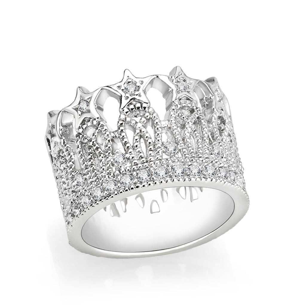 Women’s Crown Ring, CZ, Rhodium Plated, Brass, Wide Band, Sparkling Ring