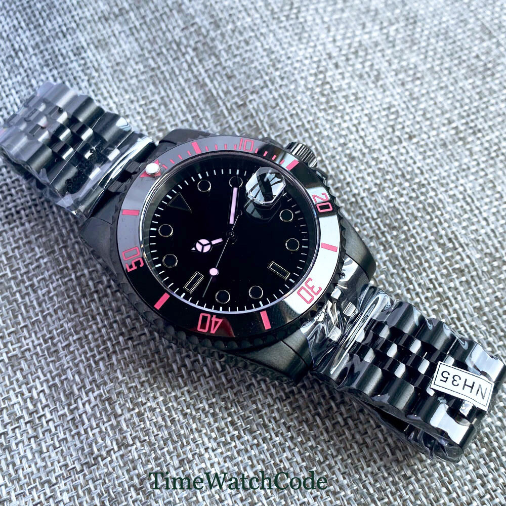 40mm Sapphire Automatic Mechanical Mens Watch NH35 Date Black PVD Steel Bracelet