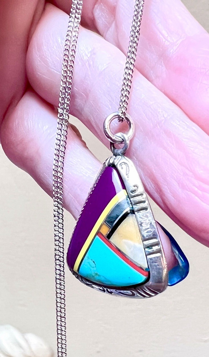 LOVELY Southwest Artisan Sterling Silver Turquoise, Sugilite, Etc Inlay Necklace