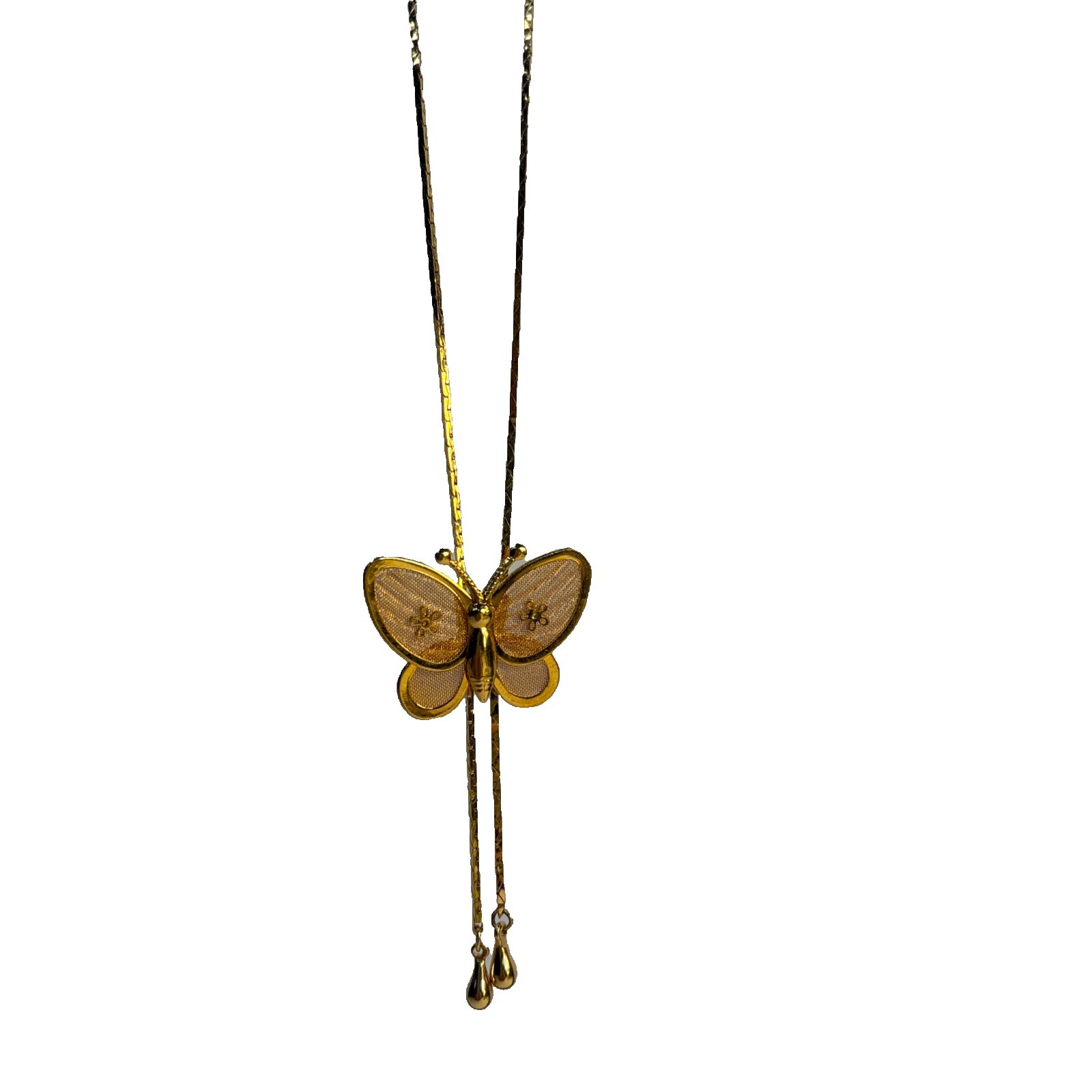 Vintage Gold Tone Filigree Butterfly Adjustable Slider Necklace 29”