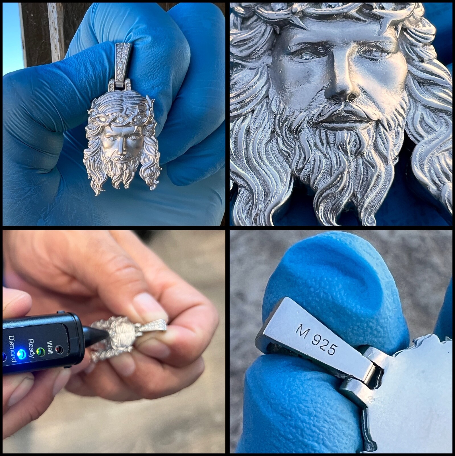 925 Sterling Silver Matte Sandblast Jesus Head Moissanite VVS D Pendant Small 1″