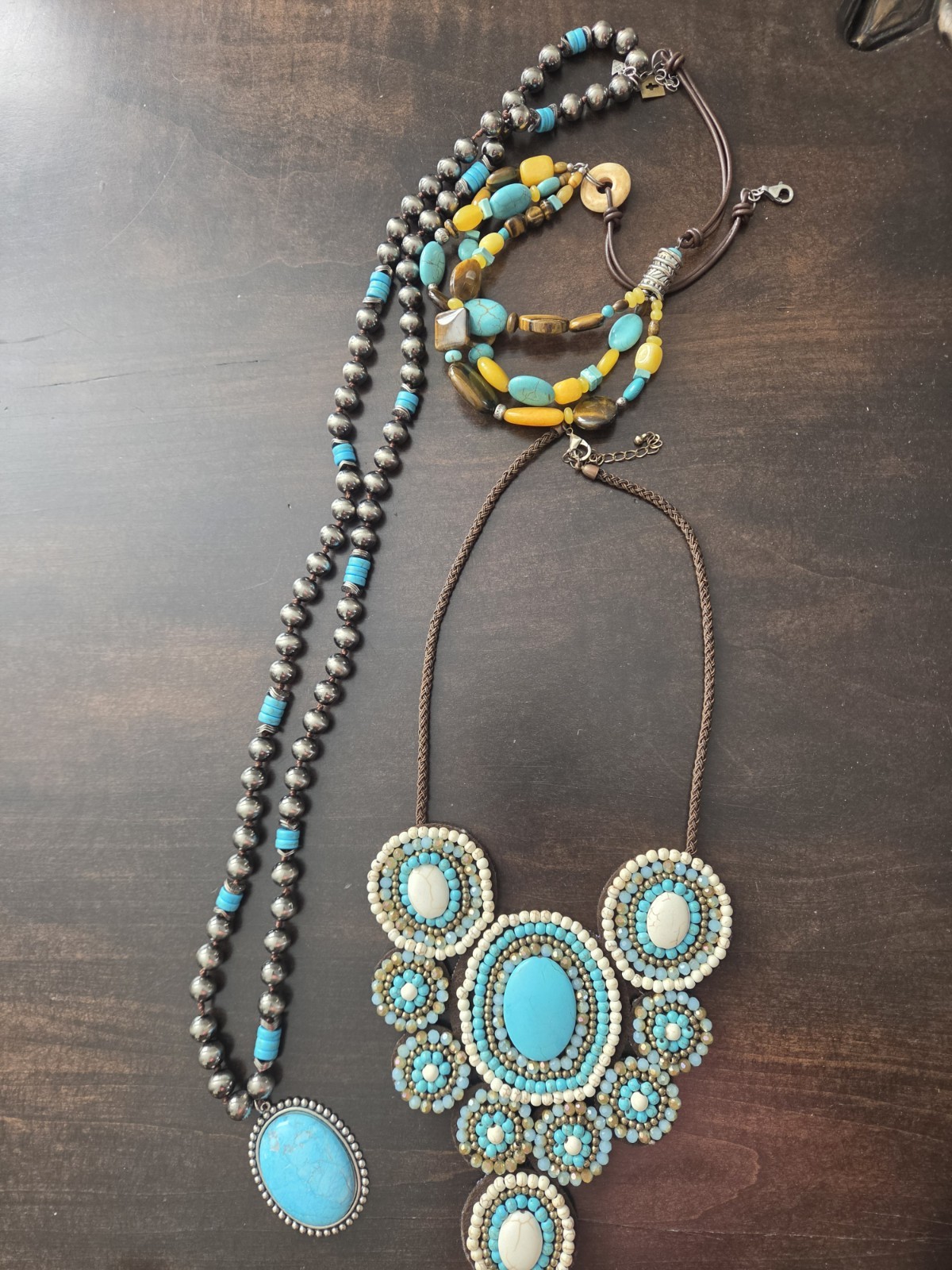 Lot Of Turquoise Jewelry Beaded Thai Bib Collar Necklace W Howlite, Navajo & See