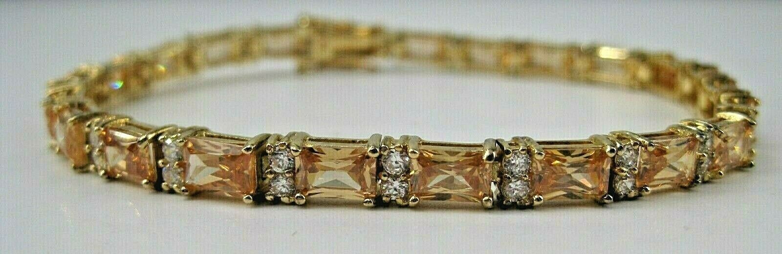 Sterling Vermeil Tennis Bracelet Orange Clear CZ Rectangle Round Cut 7-7/8″