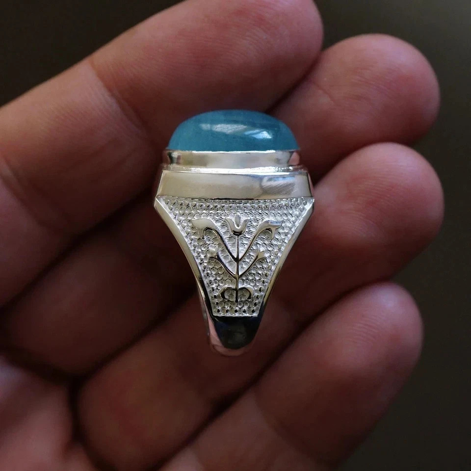 Natural Aquamarine Ring for Men Solid 925 Sterling Silver Handmade Jewelry