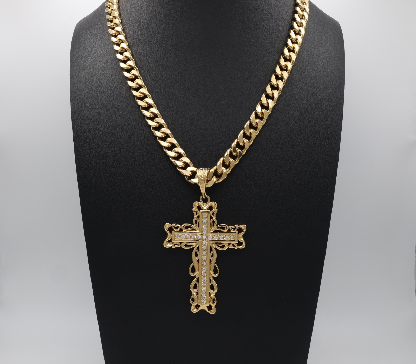Large Gold CZ Cross Pendant Necklace, 14k Plated, 10mm Cuban Chain Men’s/Women’s