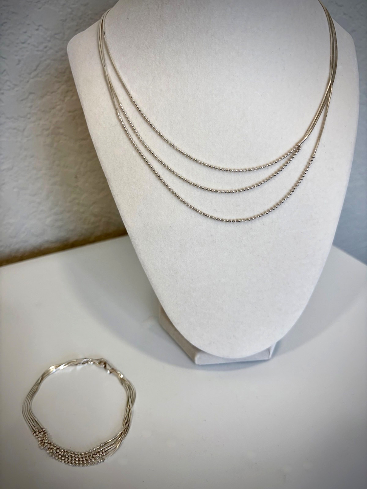 Neclace and Bracelet Set, 925 Italian Sterling Silver, Fancy Multi-Strand