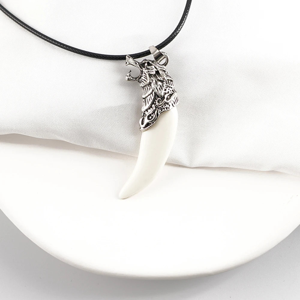 White Wolf Tooth Pendant Necklace Rope Chain Animal Amulet Jewelry