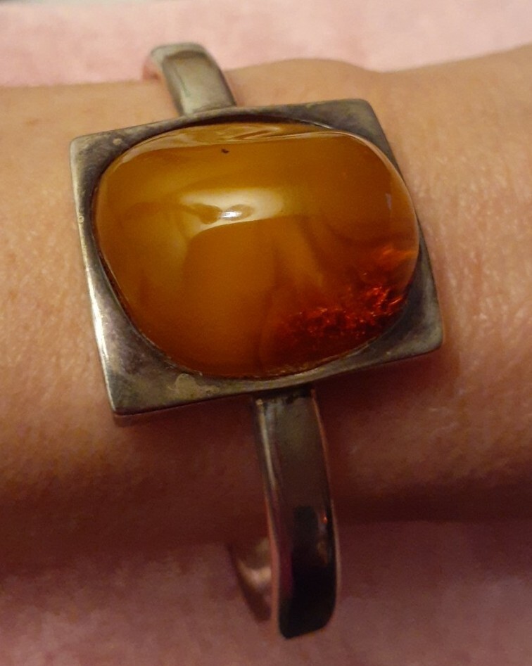 Vintage Sterling Silver Polish Honey Amber Cuff Bracelet Size Large