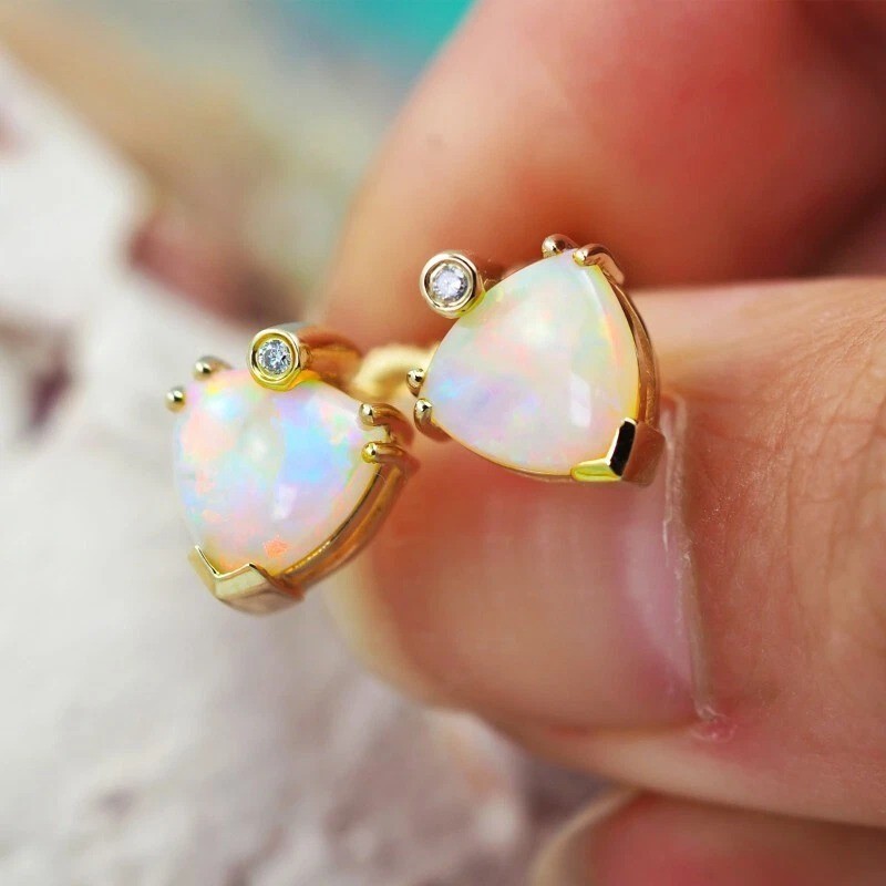 2Ct Trillion Natural Fire Opal Sparkly Delighted Studs 14K Yellow Gold Plated