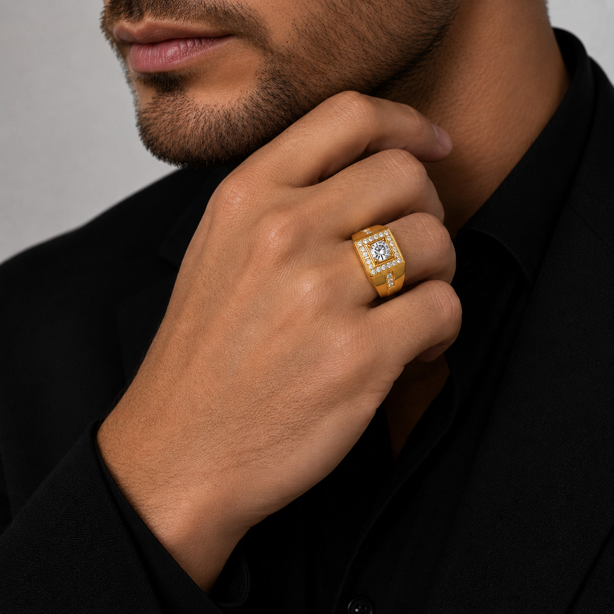 Italian 1/200 14k Yellow Gold Oro Iced CZ Signet Solitaire Ring Anillo Men Women