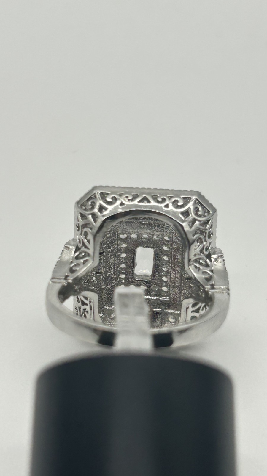 ✨ Silver Tone Art Deco Style Cocktail Ring – Sapphire Blue & Clear CZ – Size 7 –