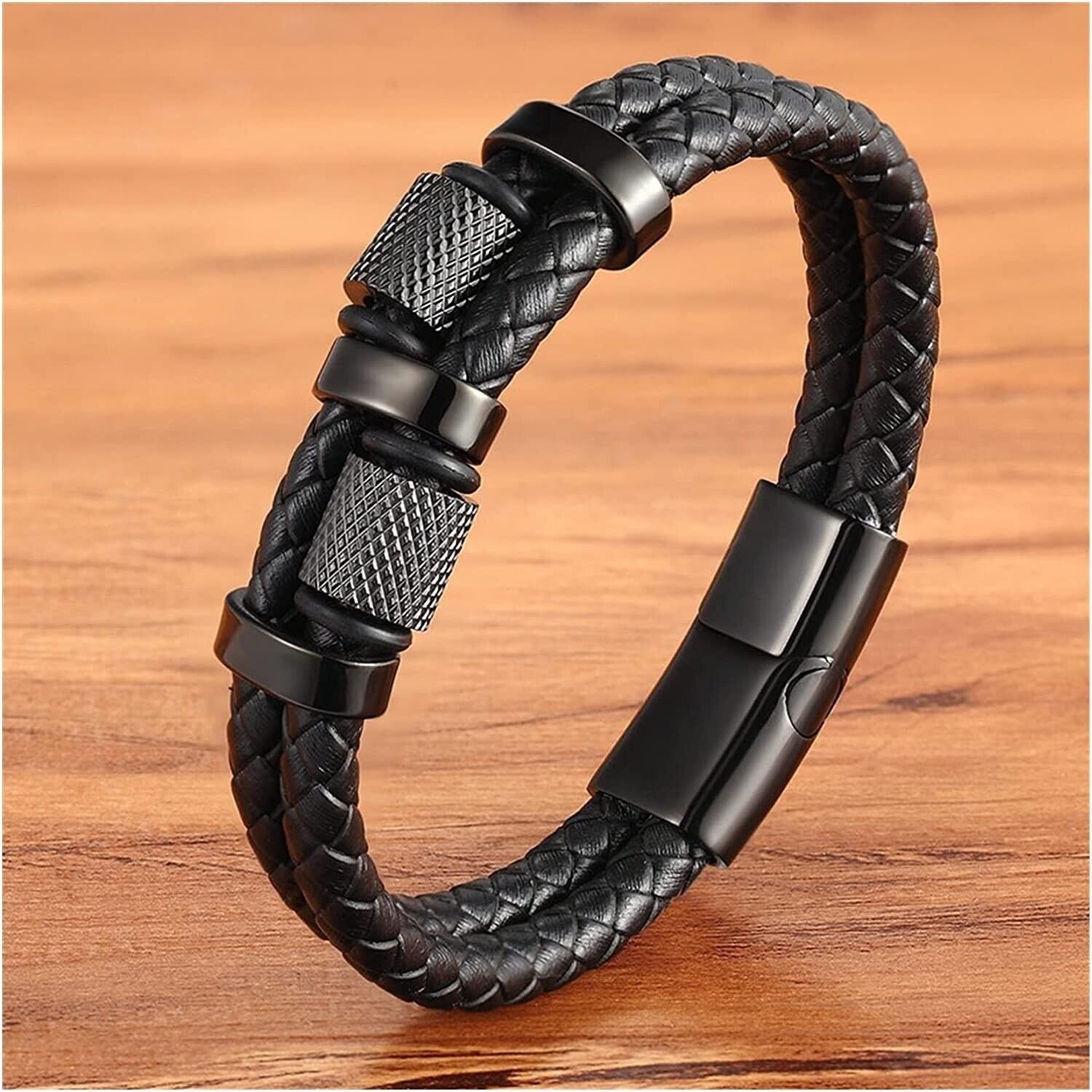 Men’s Stainless Steel Genuine Leather Bracelet Strength Fashion Bangle Wrap USA