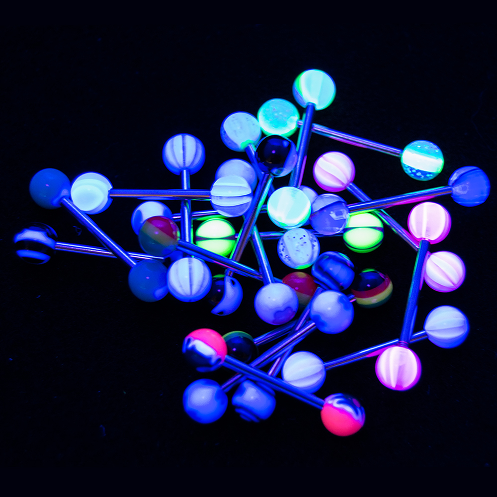 20pk Tongue Nipple Piercing Barbells Surgical Steel 14G UV Glow – No Duplicates