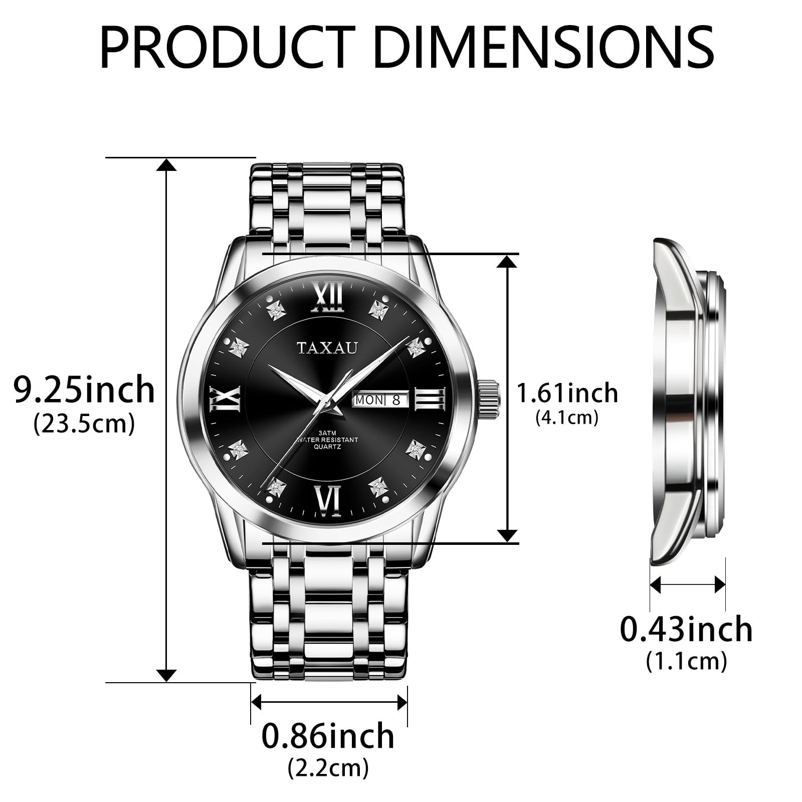 Silver Men Watch Black Face Stainless Steel Analog Quartz Watches for Men wit…