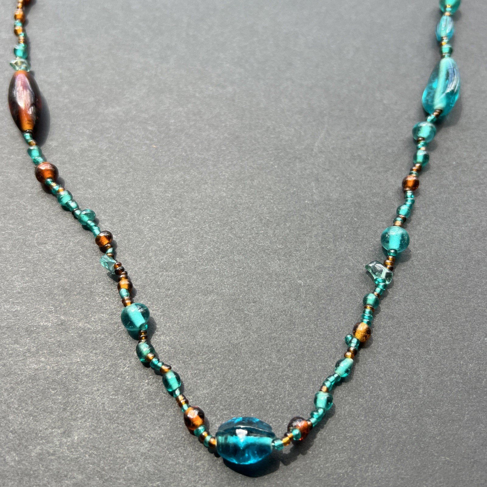 Vintage Amber Turquoise Glass Bead Necklace 28”