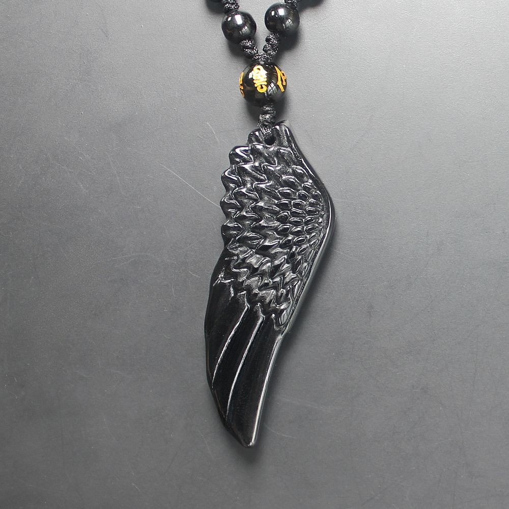 Crystal Natural black Obsidian angel wing Necklace Pendant adjustable Chain