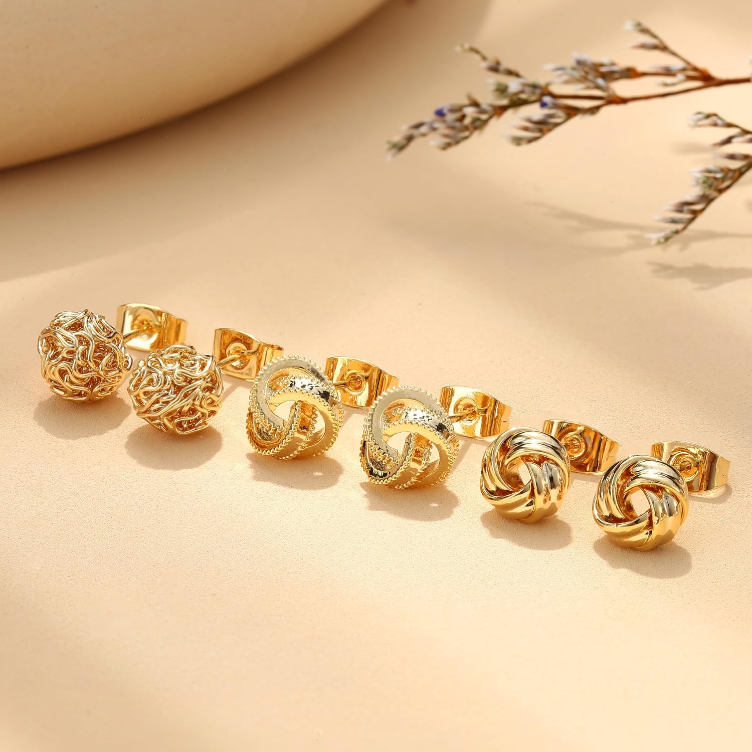 3 Pairs 14K Gold Plated Knot Earrings for Women Hypoallergenic Small Stud Earrin