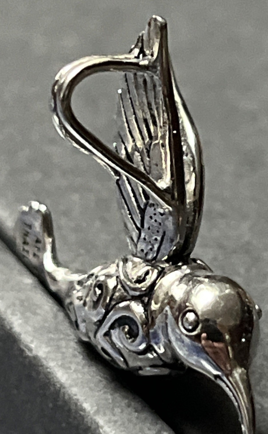 Sterling Silver Hummingbird In Flight Pendant Textured Wings 7.2g, engraved body