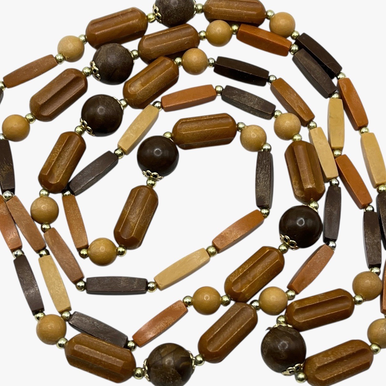 VTG Necklace Wood Grain Plastic Beads Brown Earth Tone Boho Layering Strand 46”