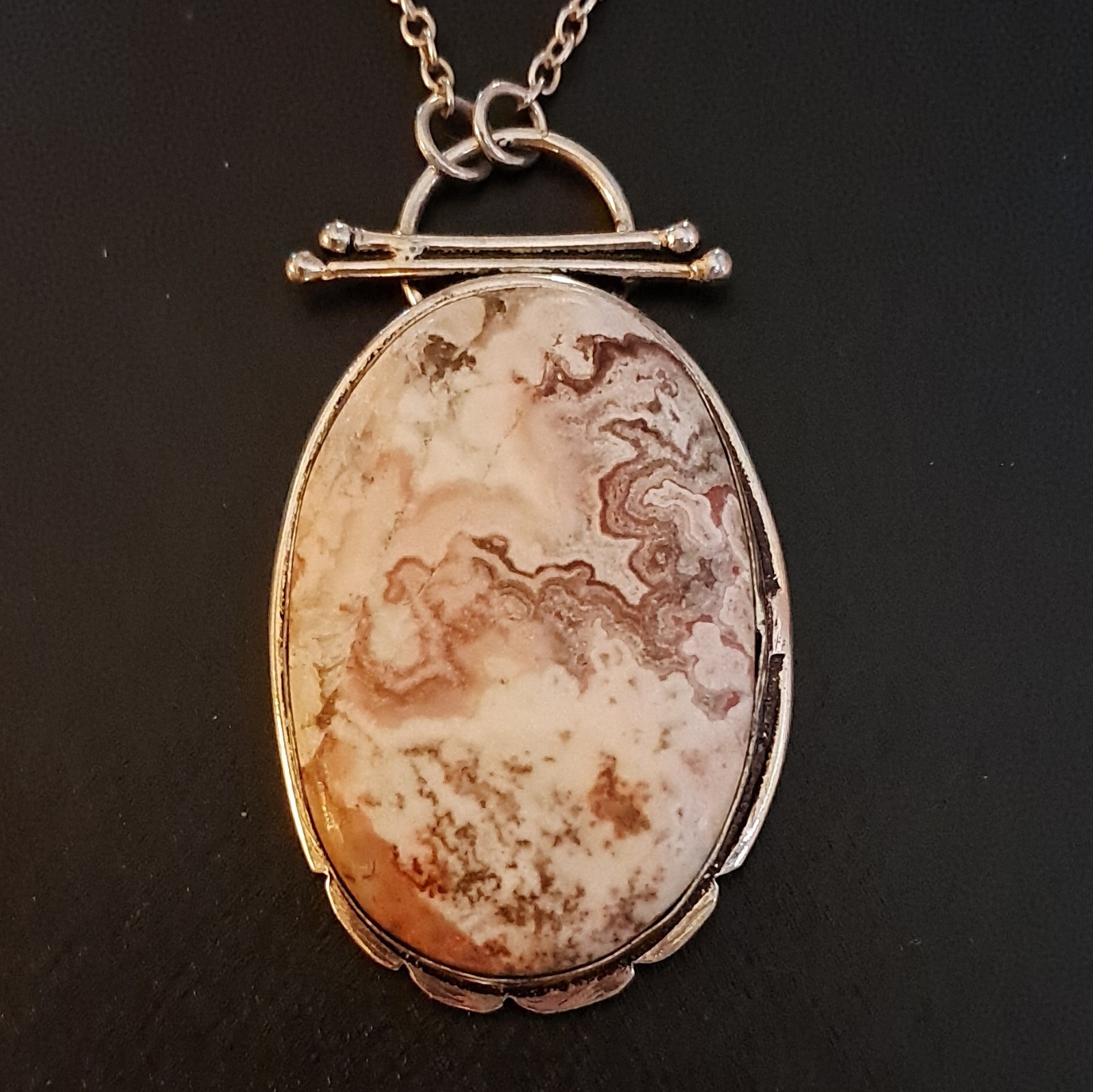 925 Sterling Oval Crazy Lace Agate Pendant Necklace, Cable Chain, Hook Closure