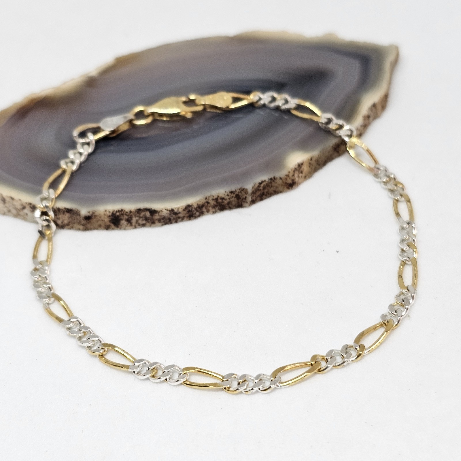 SU 925 Sterling Silver Vermeil Figaro Flat Link Chain Bracelet 7″ Long Italy