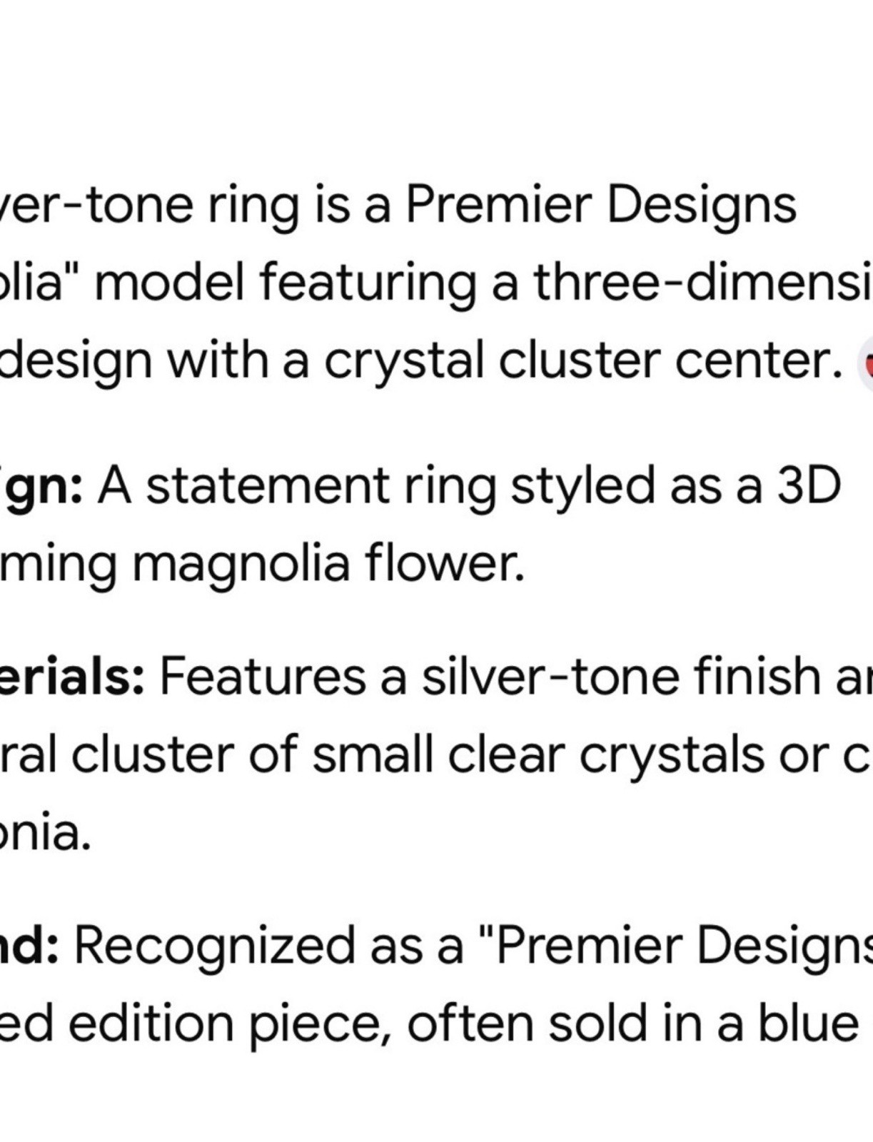 Vintage Premier Designs WHITE SILVER Magnolia Statement Ring Size Lg 10 (est)