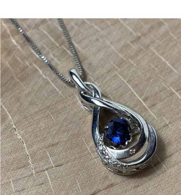 Silver Tone Teardrop Filigree Pendant Necklace Blue Round Stone Box Chain