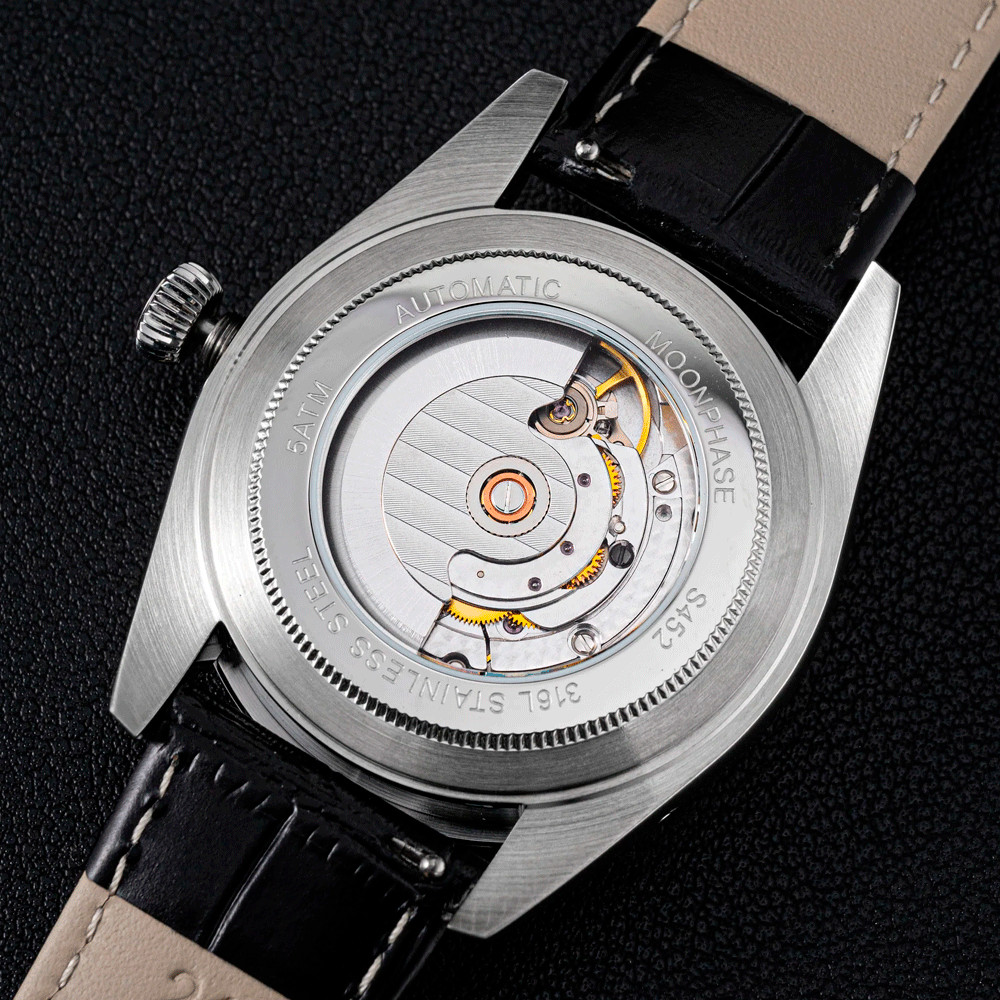 Sugess S452 Automatic Steel Black Leather White Moonphase Men’s Watch
