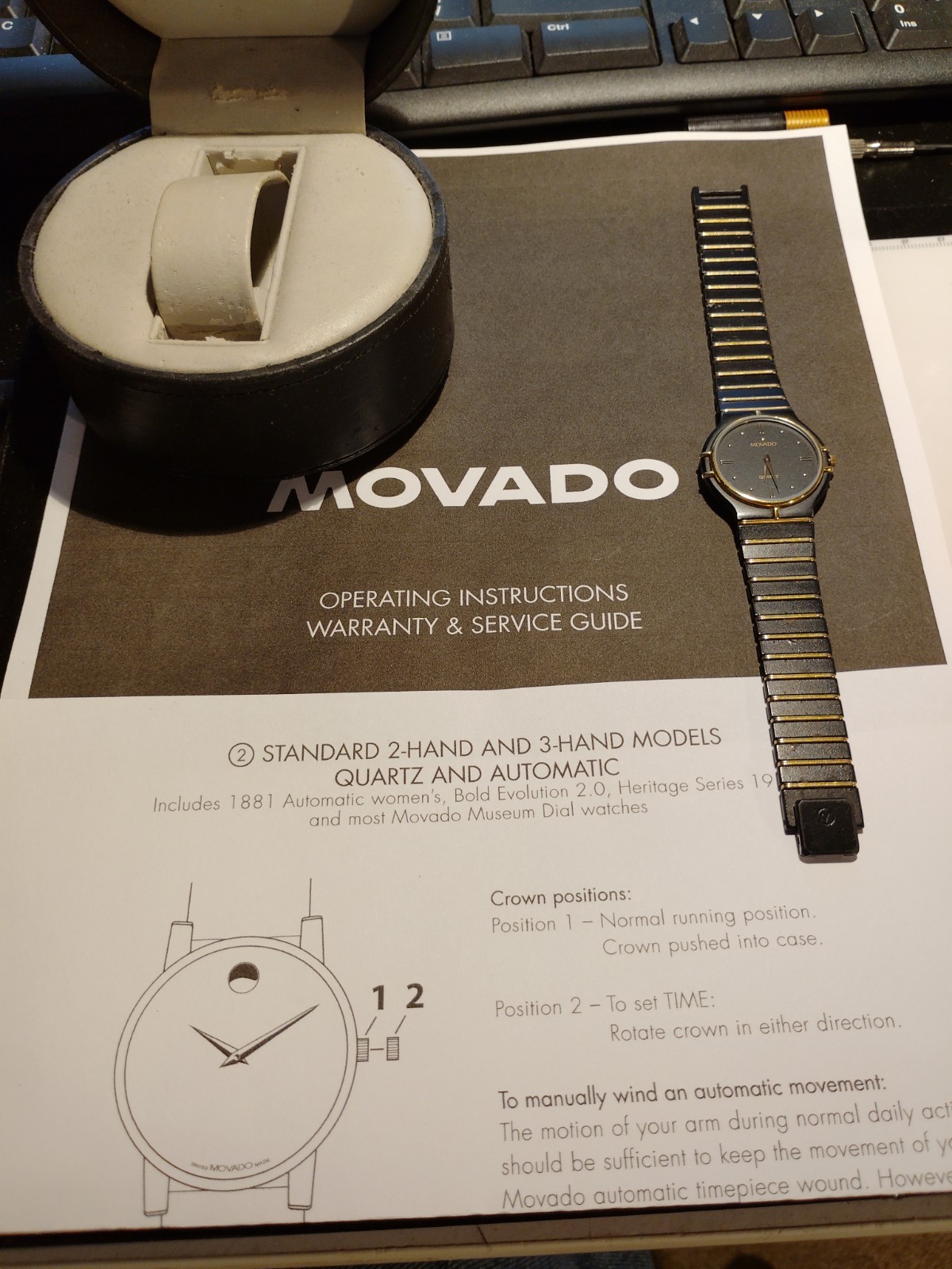 Movado The Museum Unisex Watch Black & 18 K Gold Links 1980’s Stunning