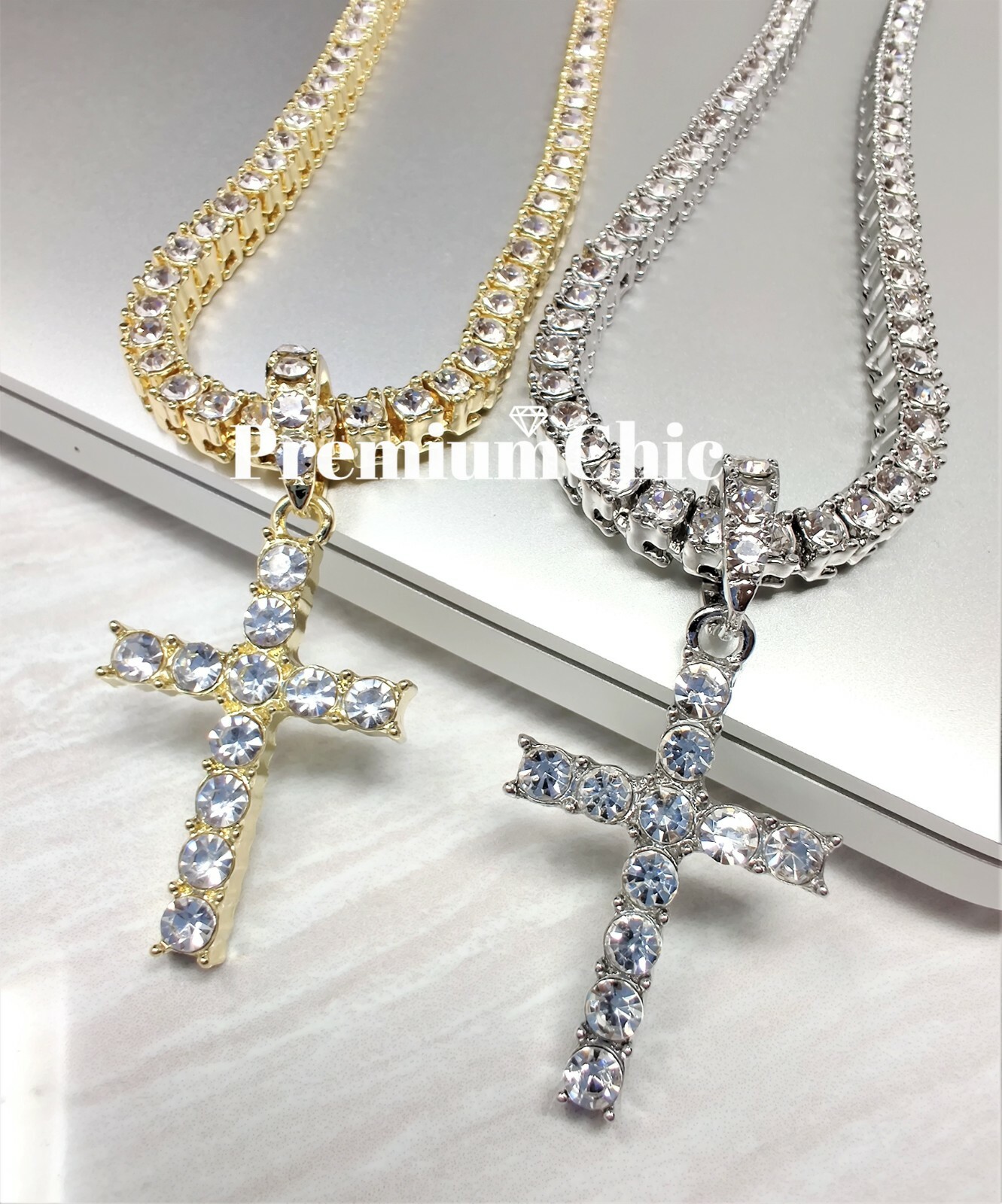 ICED Cross Pendant & Tennis Chain Choker Gold/Silver Plated Hip Hop CZ Necklace