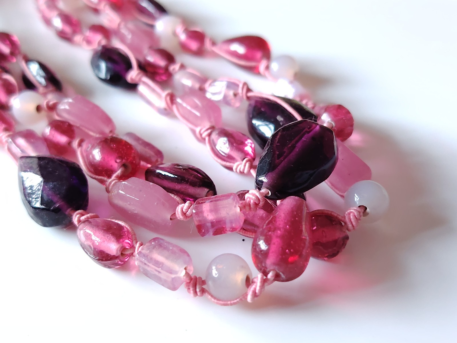 Pink Material Glass Bead Necklace Multi strand Mixed Shape Layering Toggle Clasp