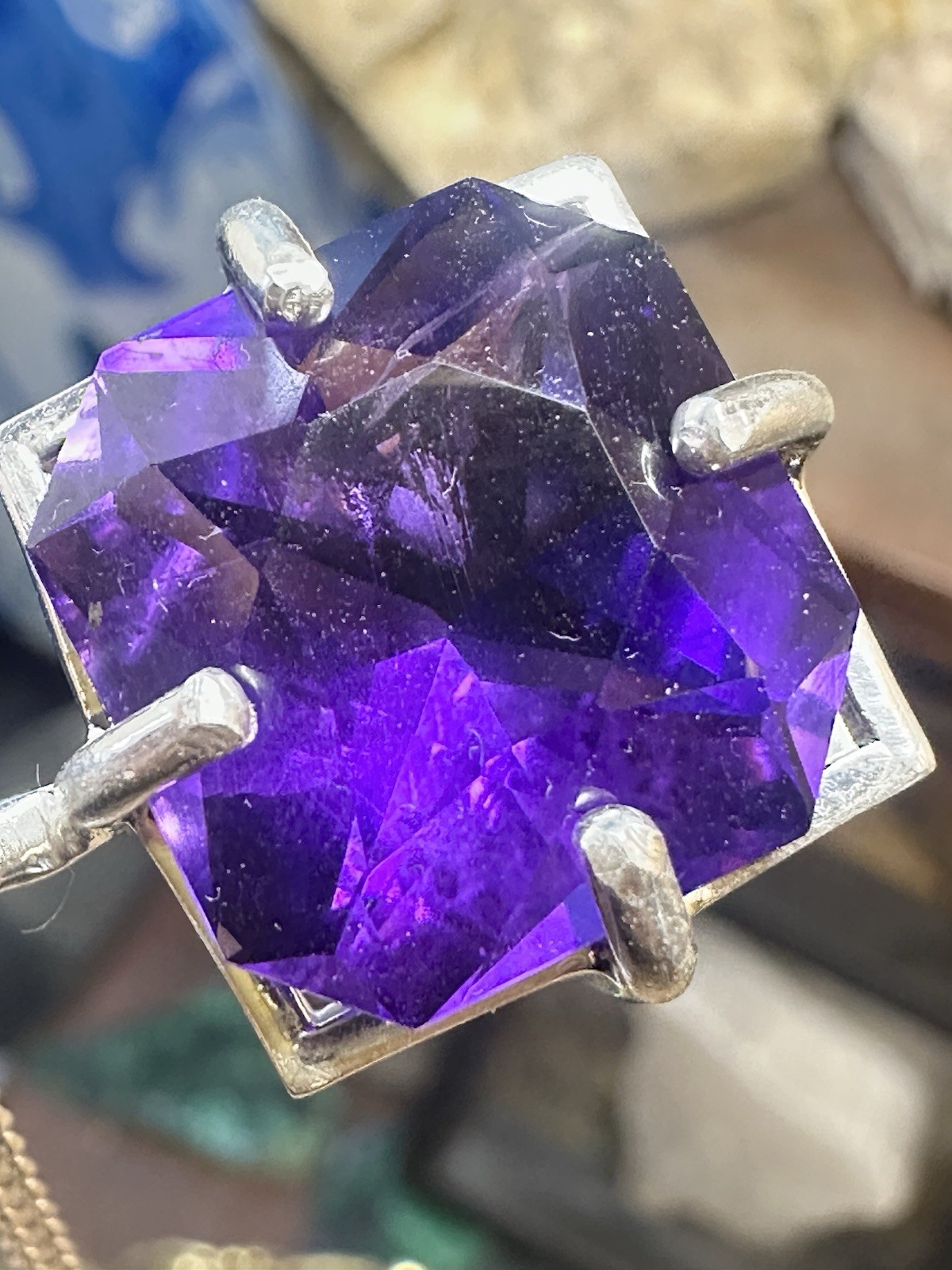 Natural Fancy Cut Zambian Amethyst 14.30 Ct 925 Sterling Silver Necklace 20 In