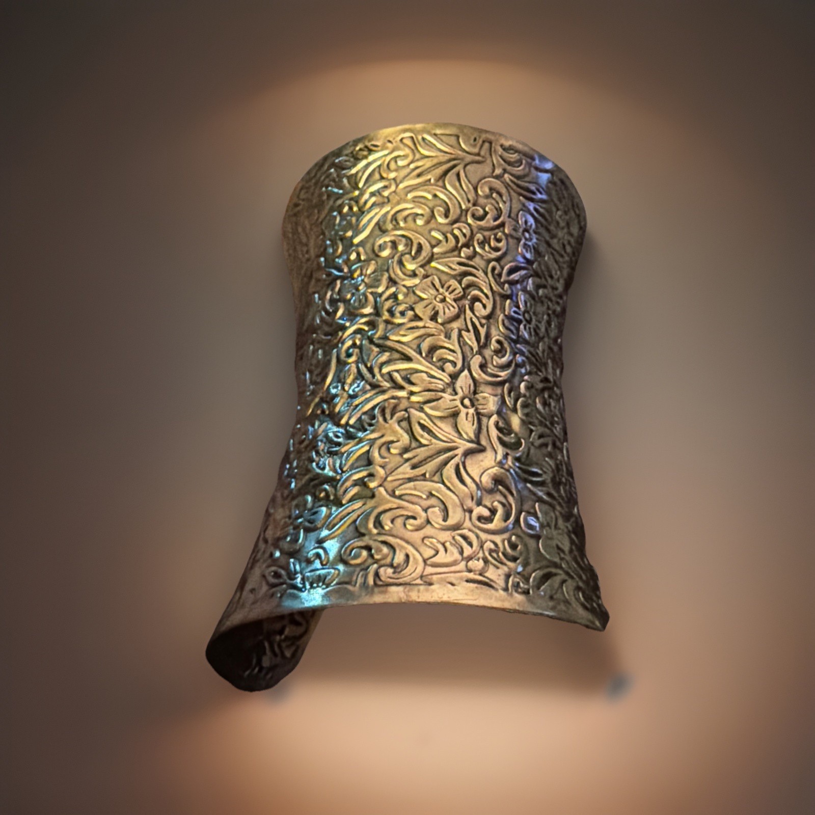 Vintage Elongated Cuff Bracelet Thin Brass Trendy 3.75in Long Floral Style