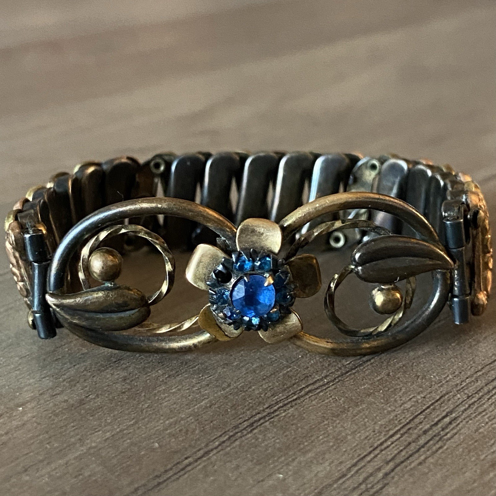 Vintage Lustern Bracelet 12K Gold Filled on Sterling w/Blue Gem Floral Accent