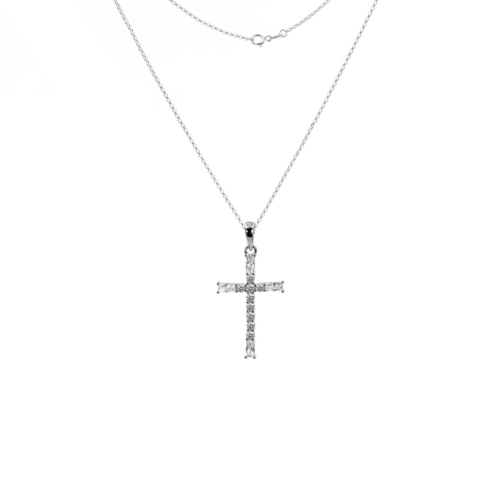 Circle Rolo Chain Necklace Pendant Cross 925 Sterling Silver Zircon Da/He