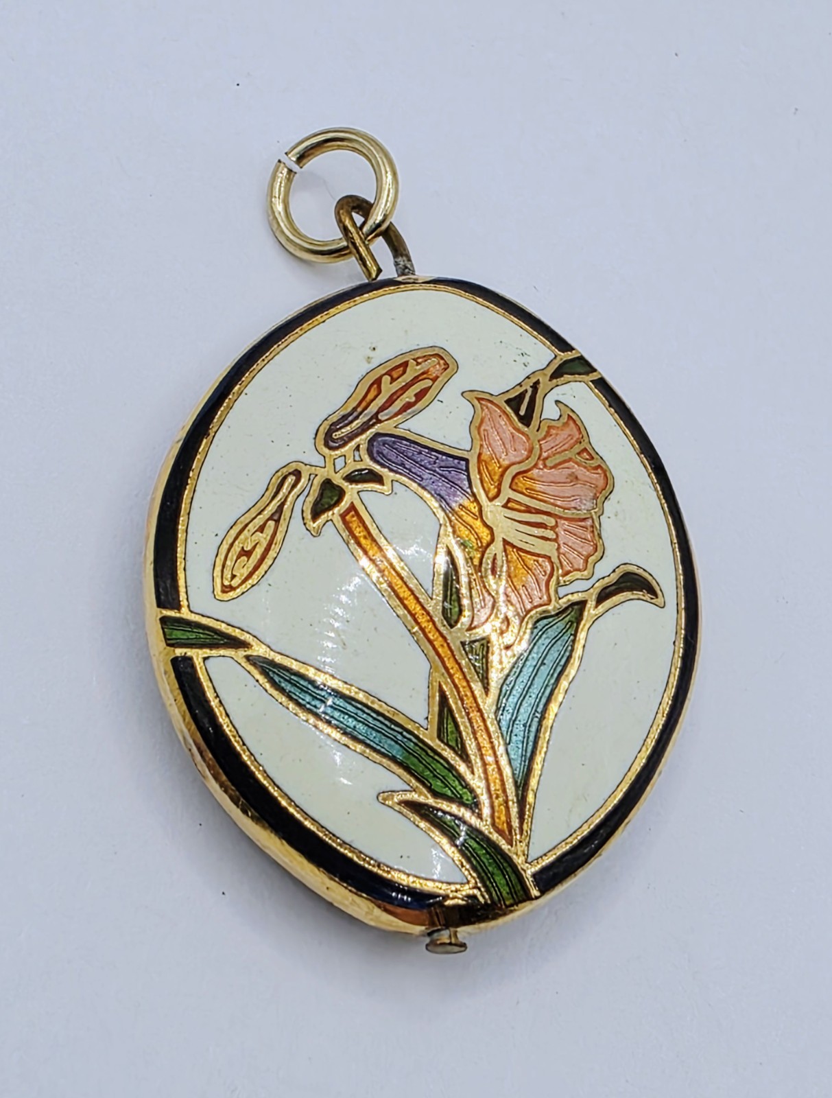 Vintage Cloisonné Green Purple Gold Amaranthus Flower Floral Oval Pendant Estate