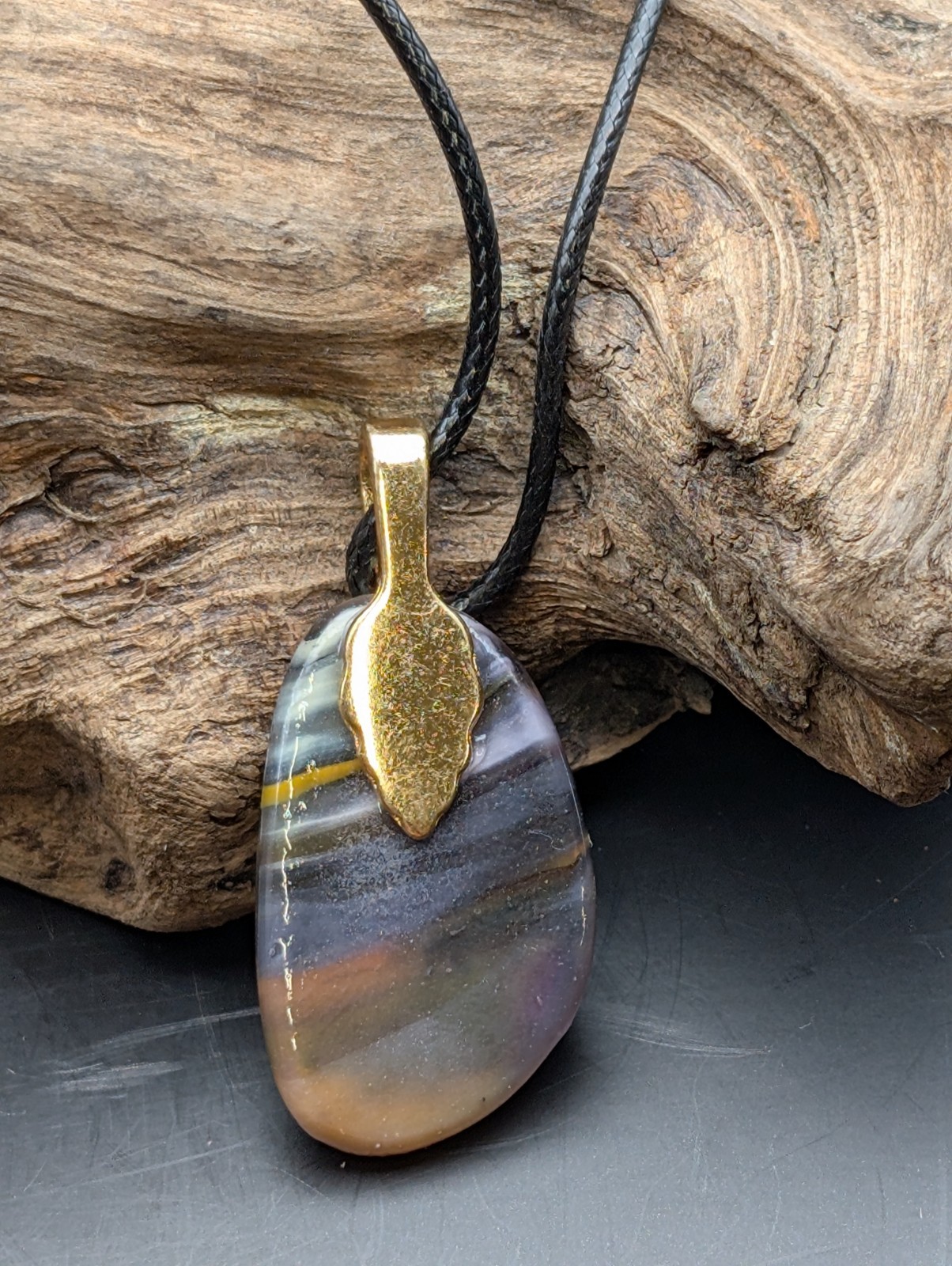 Brown And White Multicolor Glass Dichroic necklace Gold Plated bail #261