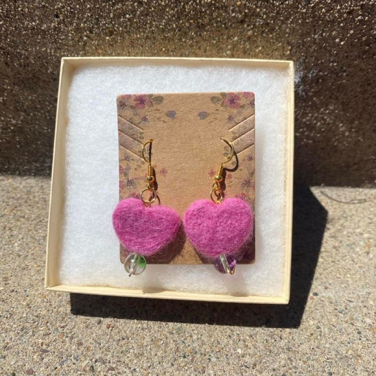 Handmade Pink needle felt heart earrings
