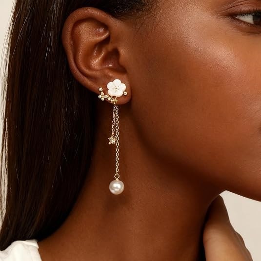 Aretes Largos de Cadena Flor dorado 14K para Mujer o Dama de Honor