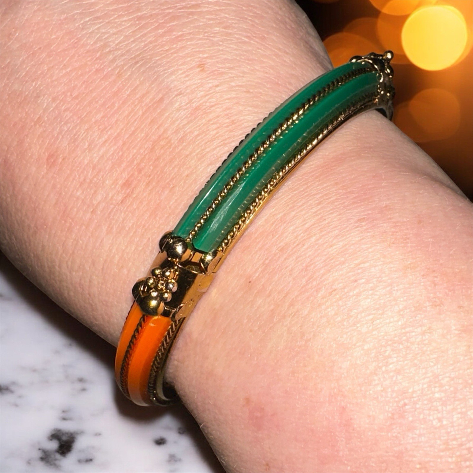 Vintage Jaipur Resin Inlay Bangle Gold Tone Carnelian Orange & Jade Green